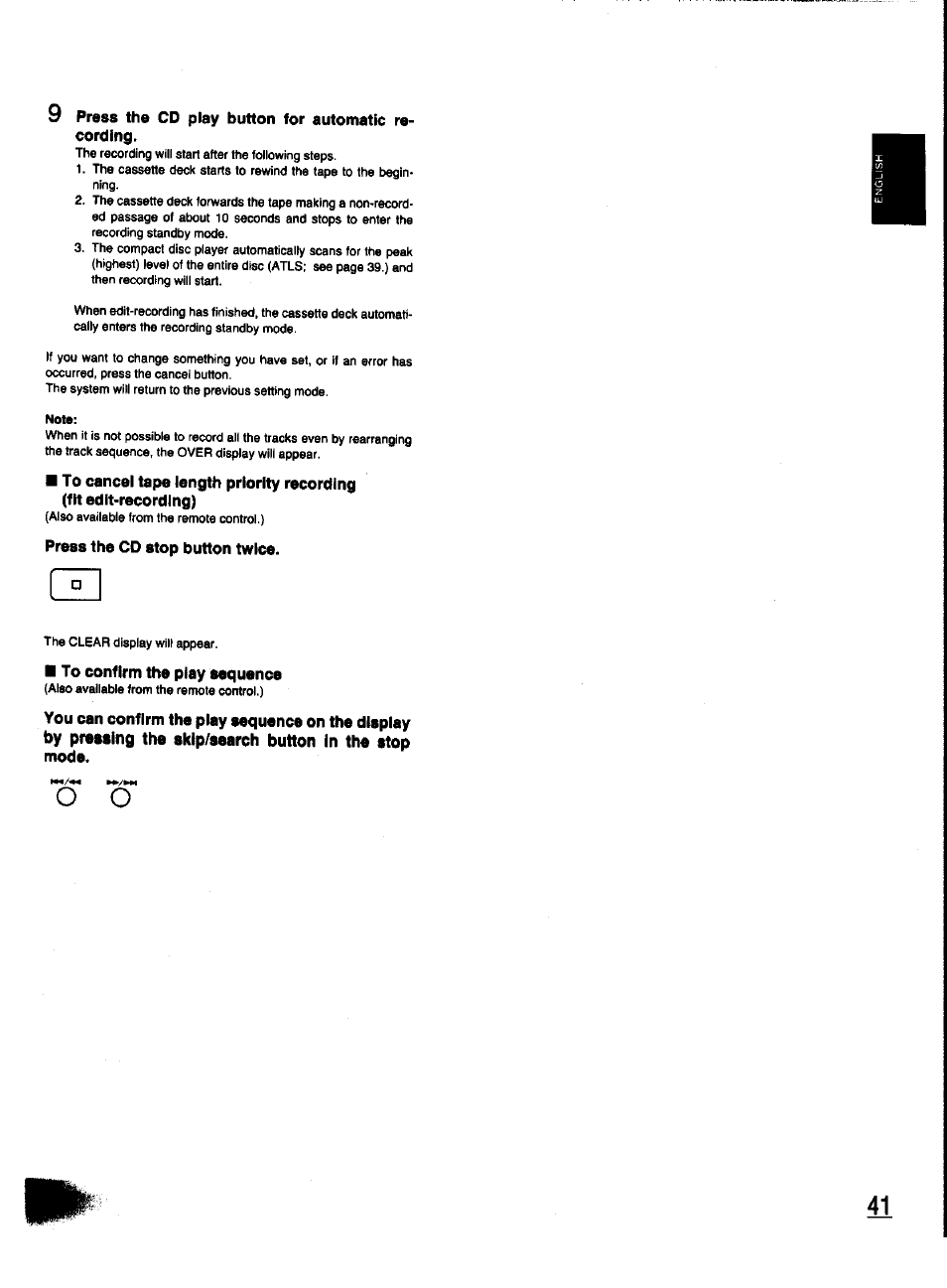 9 press the cd play button for automatic recording, Press the cd stop button twice, To confirm the play sequence | Panasonic SC-CH31 User Manual | Page 41 / 60
