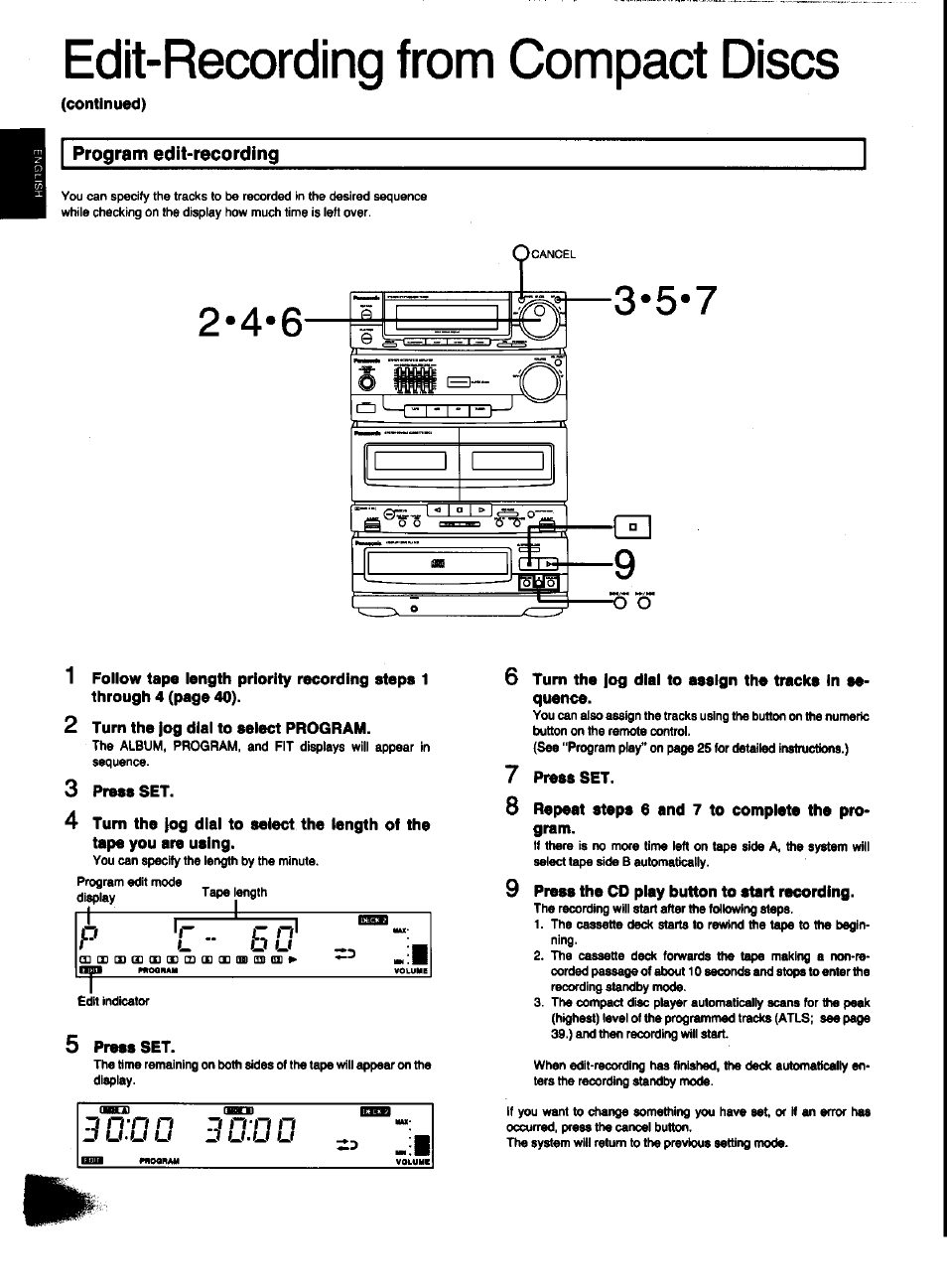 Continued), Program edit-recording, Turn the jog dial to select program | Press set, 7 press set, 8 repeat steps 6 and 7 to complete the program, 9 press the cd play button to start recording, Edit-recording from compact discs | Panasonic SC-CH31 User Manual | Page 42 / 60