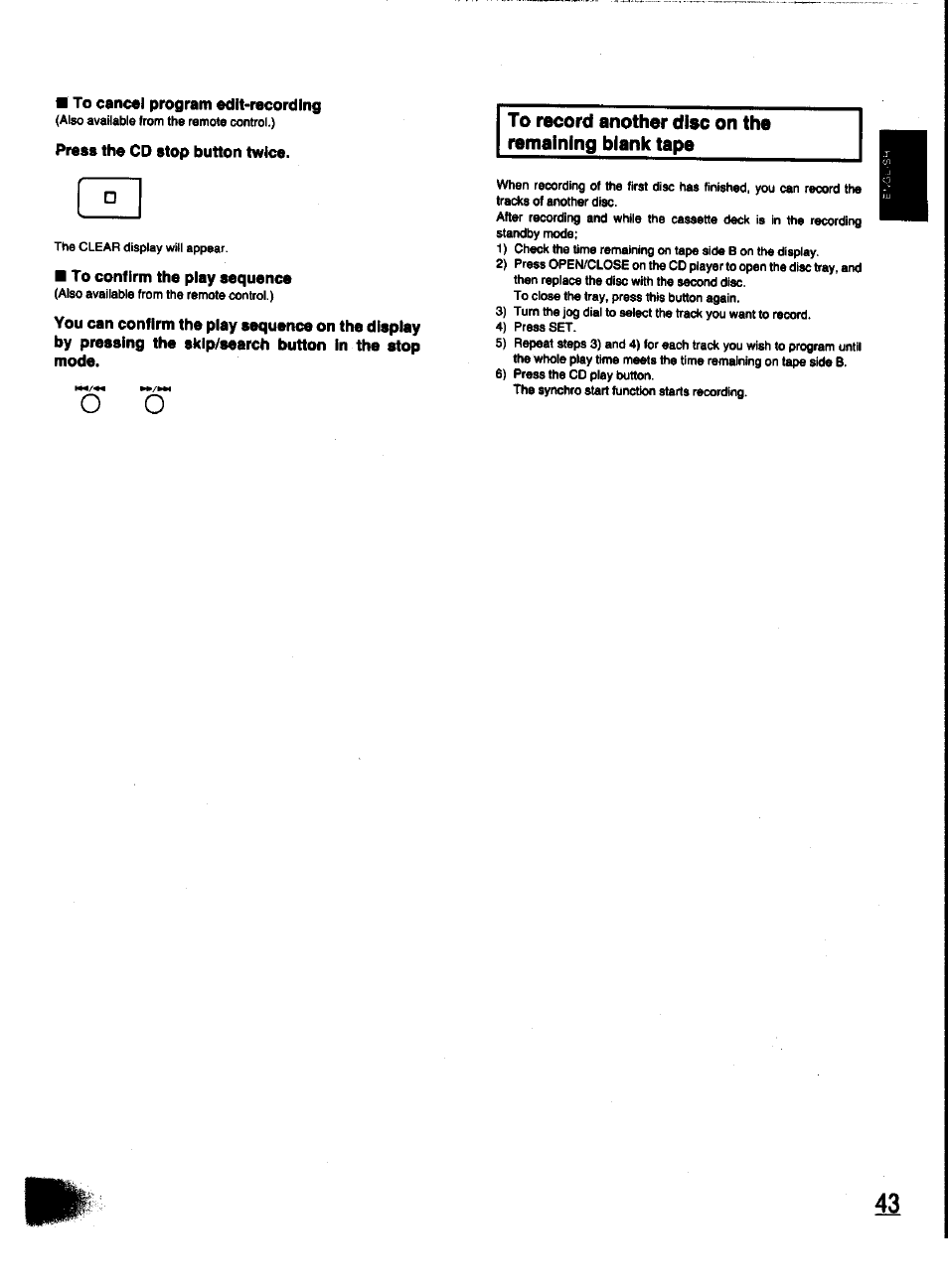 To cancel program adit-racording, Press the cd stop button twice, To confirm the play sequence | To record another diec on the remaining blank tape | Panasonic SC-CH31 User Manual | Page 43 / 60