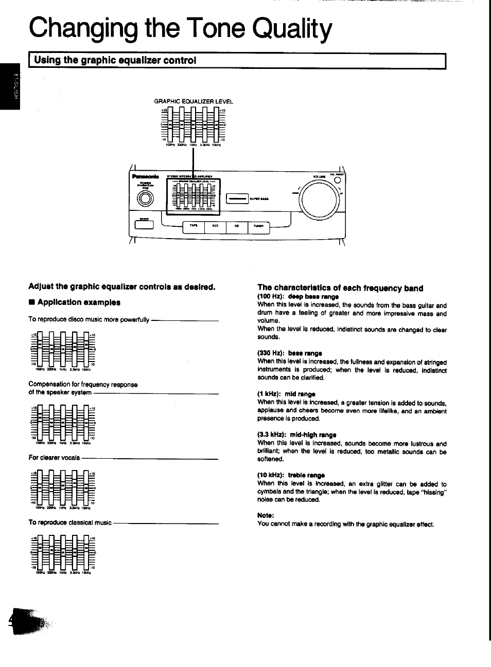 Using the graphic equalizer control, The characteristics of each frequency band, Changing the tone quality | Panasonic SC-CH31 User Manual | Page 44 / 60