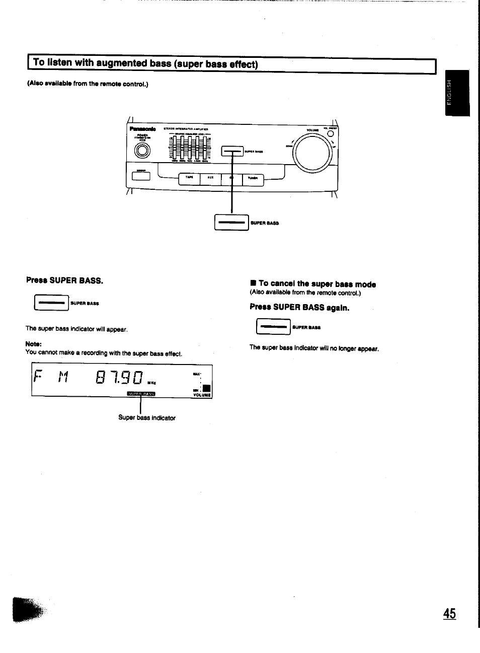 To listen with augmented bass (super bass effect), Press super bass, To cancel the super bass mode | Press super bass again | Panasonic SC-CH31 User Manual | Page 45 / 60