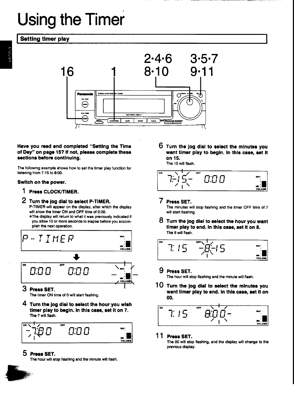 Setting timer piay, Using the timer, N n*n n | I— t | Panasonic SC-CH31 User Manual | Page 46 / 60