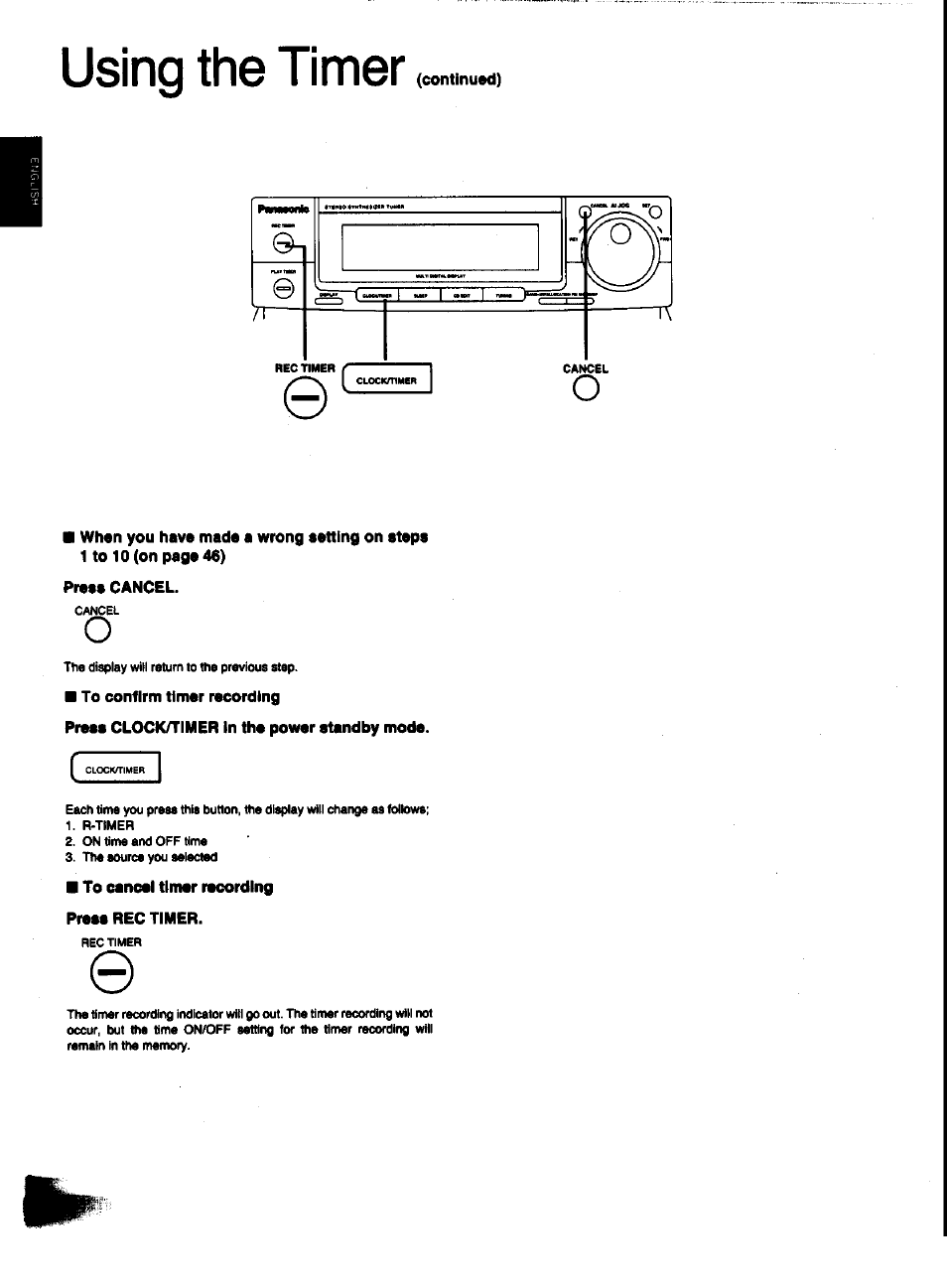 Press cancel, To confirm timer recording, Press clock/timer in the power standby mode | To cancel timer recording press rec timer, Using the timer | Panasonic SC-CH31 User Manual | Page 50 / 60