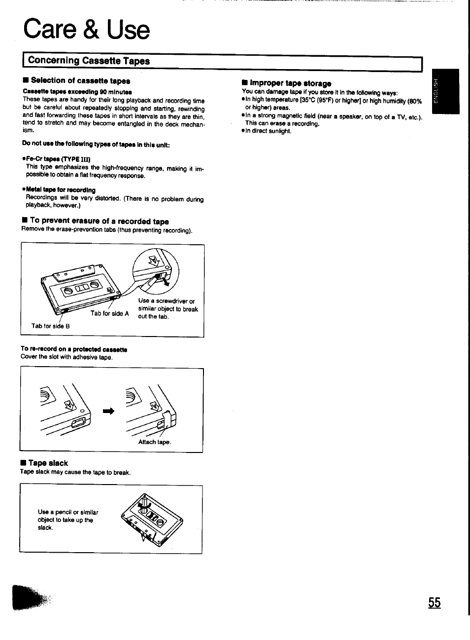 Care & use, Concerning cassette tapes, Selection of cassette tapes | To prevent erasure of a recorded tape, Improper tape storage, Tape slack | Panasonic SC-CH31 User Manual | Page 55 / 60