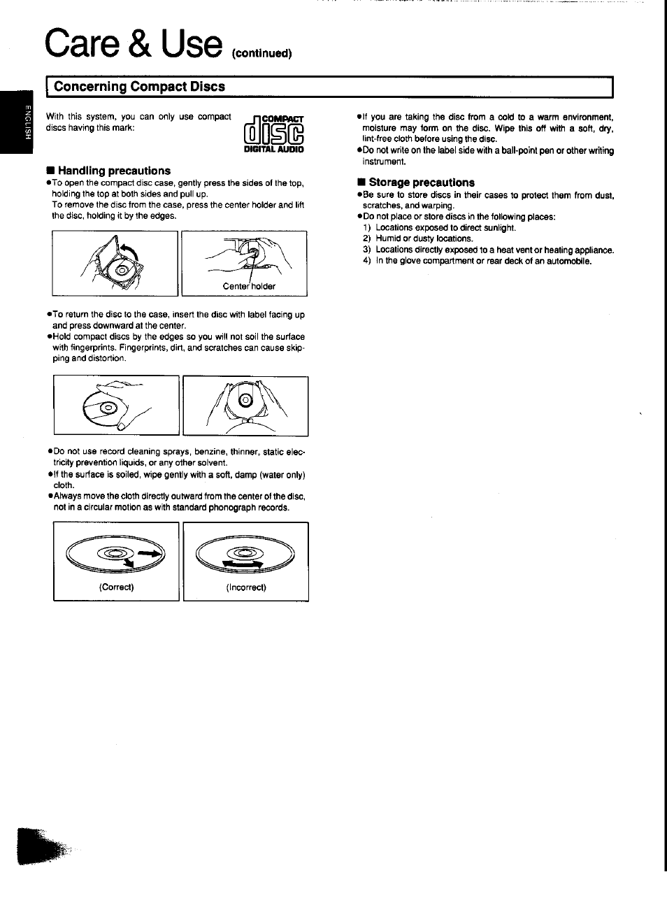 Handling precautions, Storage precautions, Care & use | Panasonic SC-CH31 User Manual | Page 56 / 60
