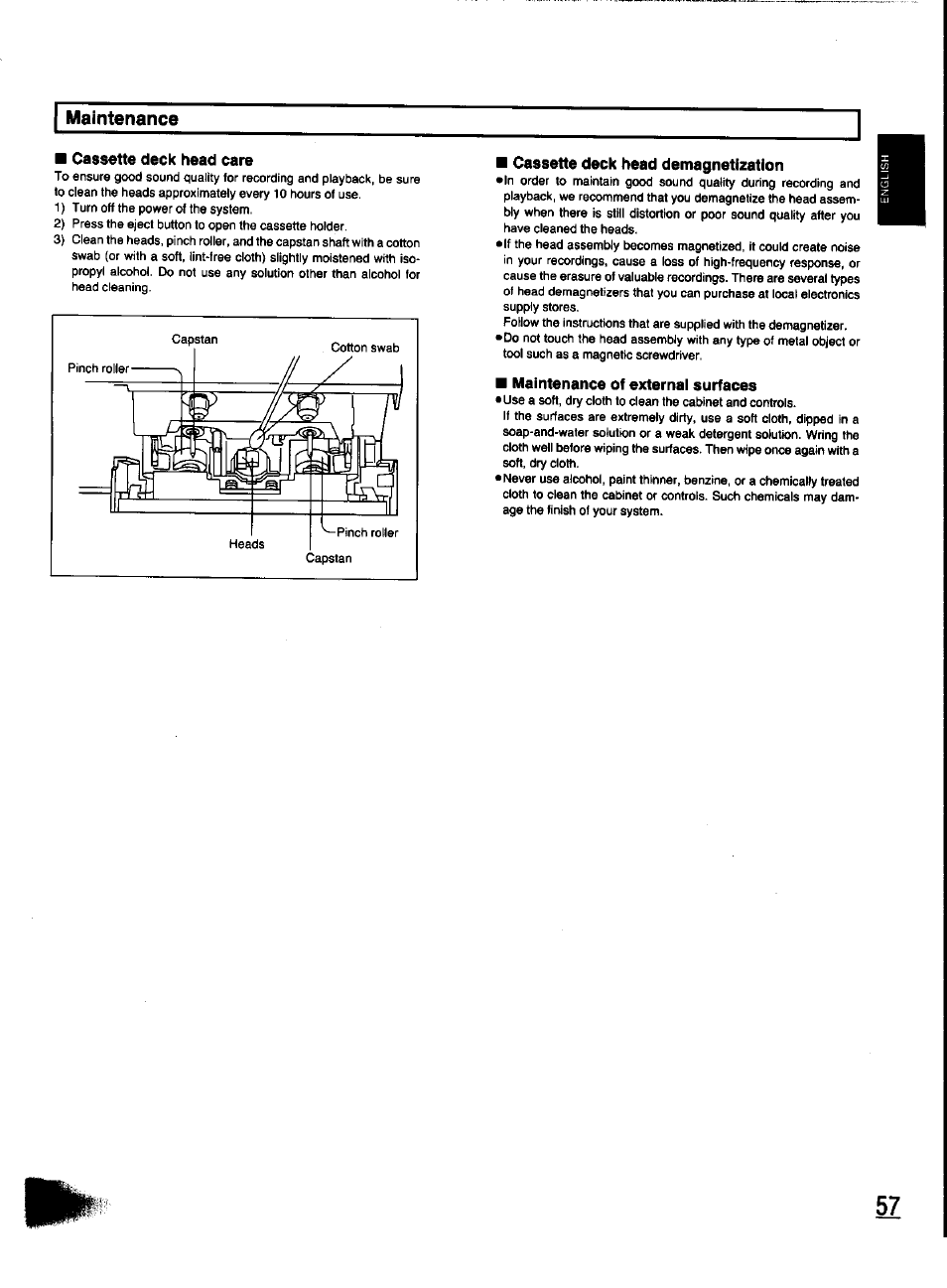 Maintenance, Cassette deck head care, Cassette deck head demagnetization | Maintenance of external surfaces | Panasonic SC-CH31 User Manual | Page 57 / 60
