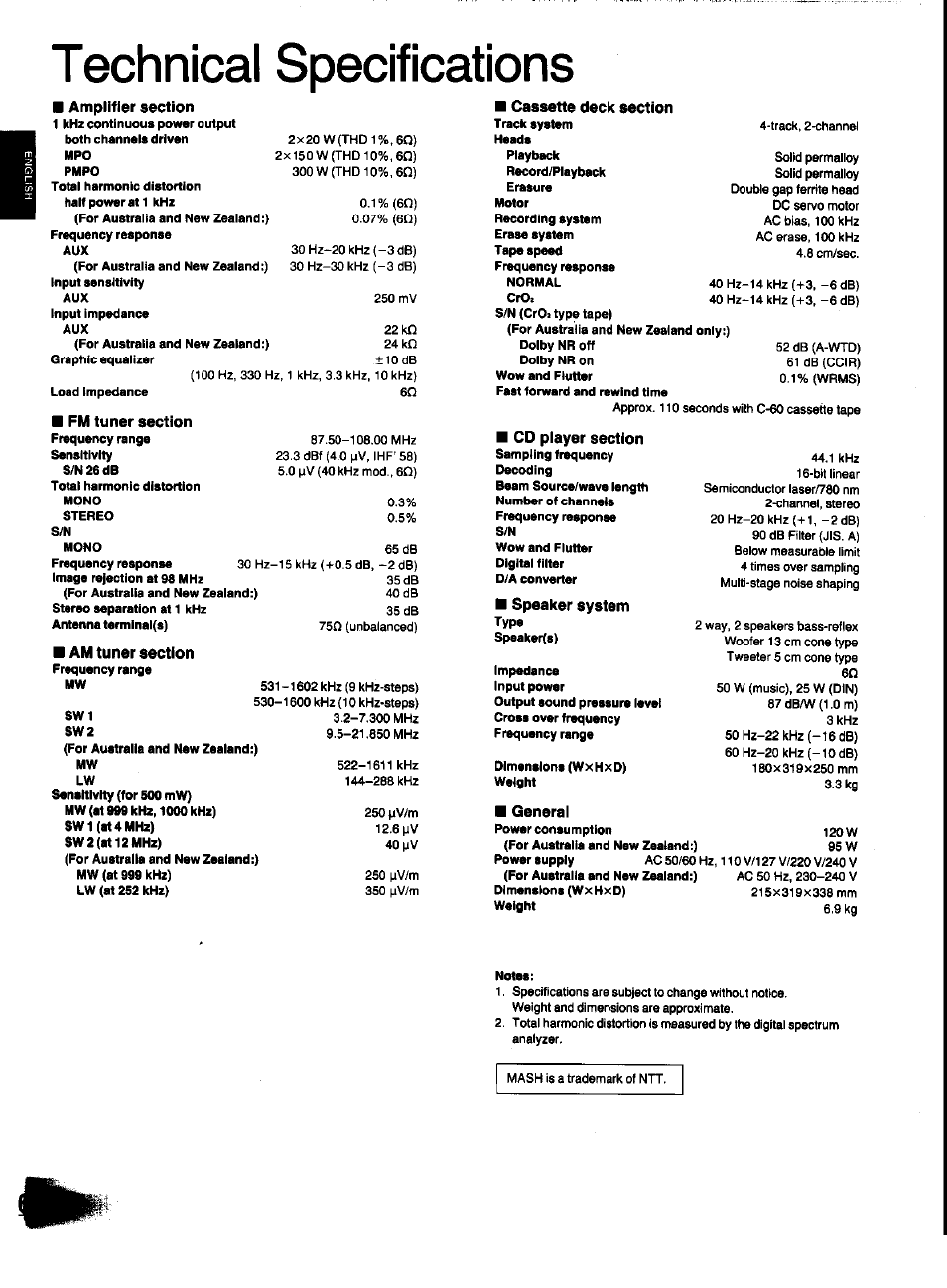 Cd player section, Speaker system, Technical specifications | Panasonic SC-CH31 User Manual | Page 60 / 60