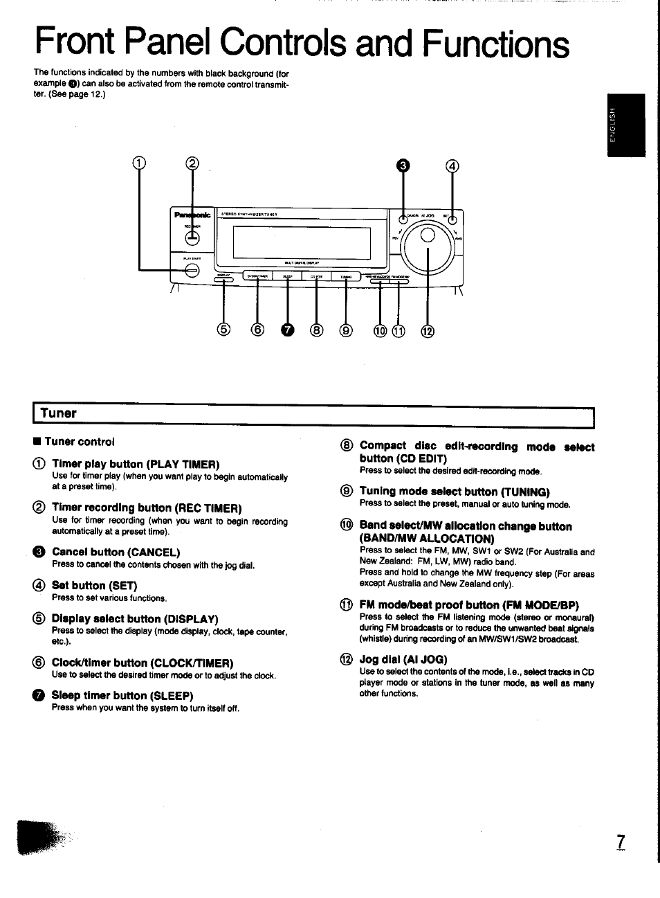 Tuner, Tuner control, Timer play button (play timer) | Timer recording button (rec timer), O cancel button (cancel), 0 set button (set), 0 display select button (display), Clock/timer button (clock/timer), O sleep timer button (sleep), 9) tuning mode select button (tuning) | Panasonic SC-CH31 User Manual | Page 7 / 60