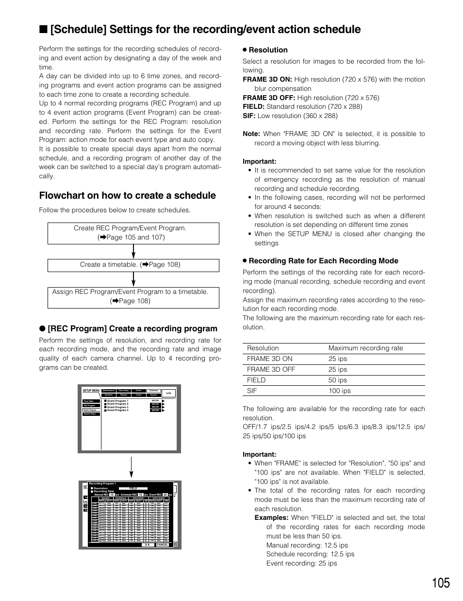 Flowchart on how to create a schedule, Rec program] create a recording program, 8 resolution | 8 recording rate for each recording mode | Panasonic WJ-HD309 User Manual | Page 105 / 164