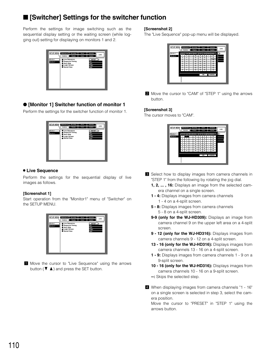 Switcher] settings for the switcher function, Monitor 1] switcher function of monitor 1, 8 live sequence | Panasonic WJ-HD309 User Manual | Page 110 / 164