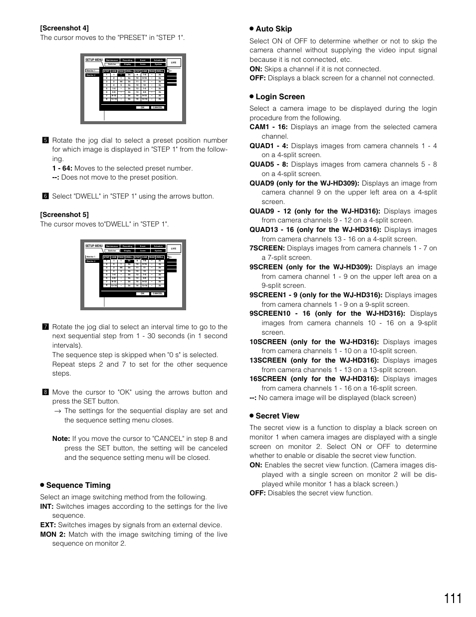 8 sequence timing, 8 auto skip, 8 login screen | 8 secret view | Panasonic WJ-HD309 User Manual | Page 111 / 164