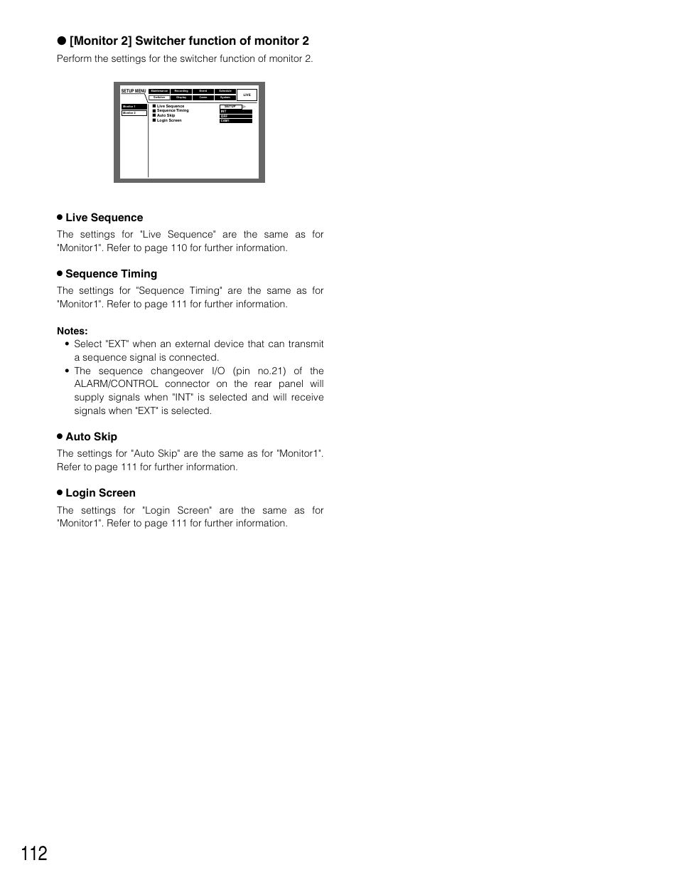 Monitor 2] switcher function of monitor 2, 8 live sequence, 8 sequence timing | 8 auto skip, 8 login screen | Panasonic WJ-HD309 User Manual | Page 112 / 164