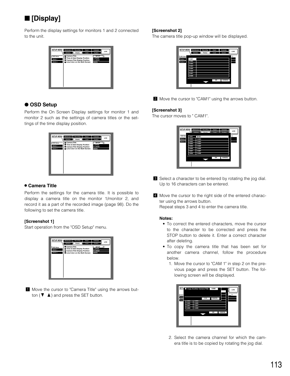 Display, Osd setup, 8 camera title | Panasonic WJ-HD309 User Manual | Page 113 / 164