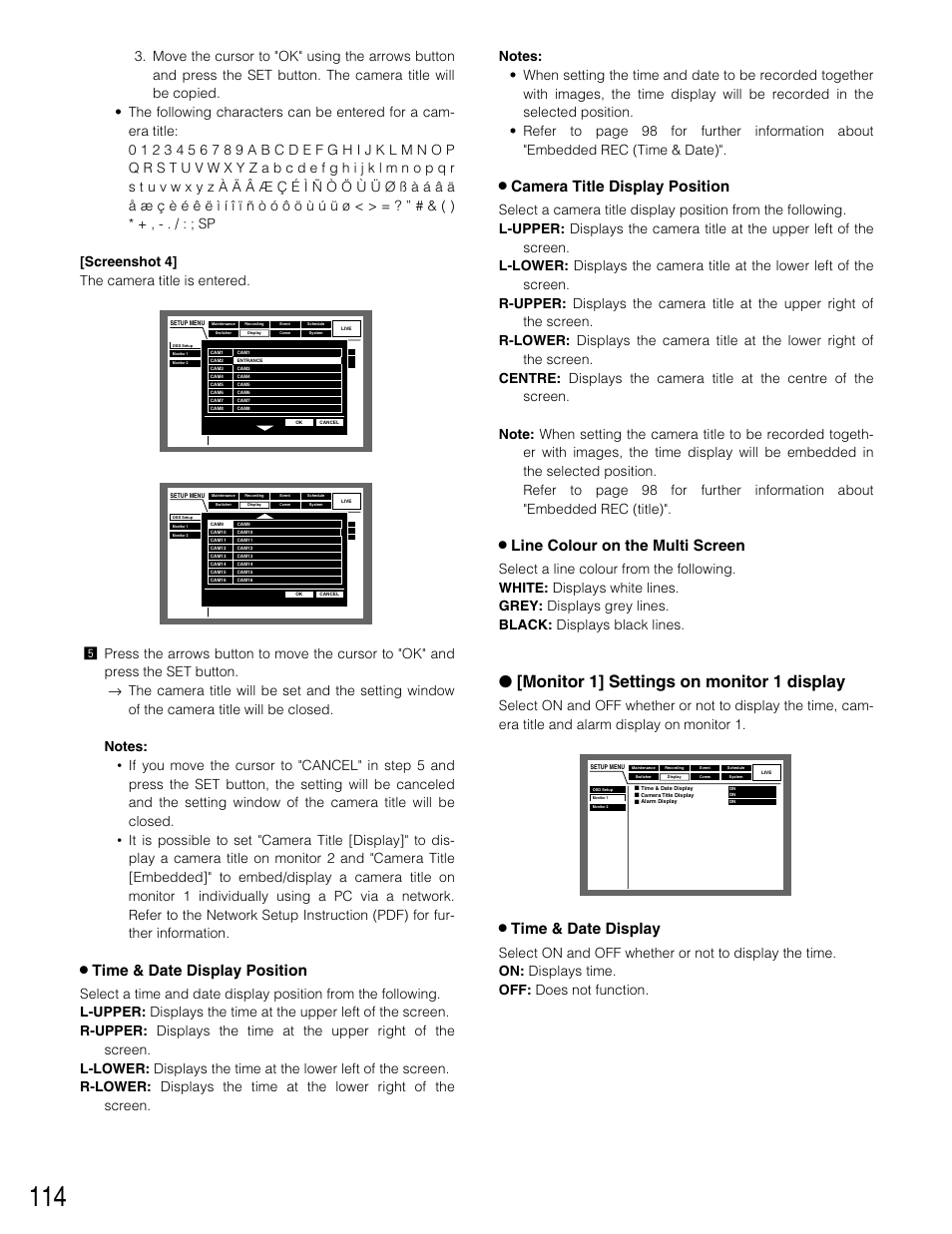 Monitor 1] settings on monitor 1 display, 8 time & date display position, 8 camera title display position | 8 line colour on the multi screen, 8 time & date display | Panasonic WJ-HD309 User Manual | Page 114 / 164