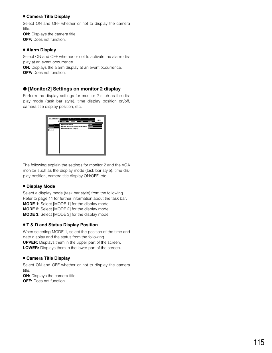 Monitor2] settings on monitor 2 display, 8 camera title display, 8 alarm display | 8 display mode, 8 t & d and status display position | Panasonic WJ-HD309 User Manual | Page 115 / 164