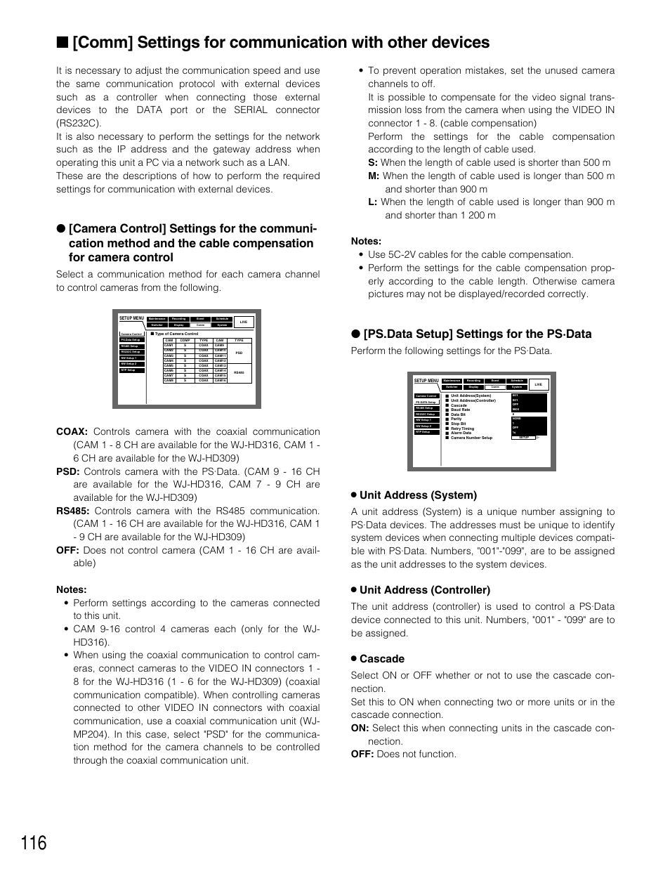 Ps.data setup] settings for the ps·data, 8 unit address (system), 8 unit address (controller) | 8 cascade, Perform the following settings for the ps·data | Panasonic WJ-HD309 User Manual | Page 116 / 164