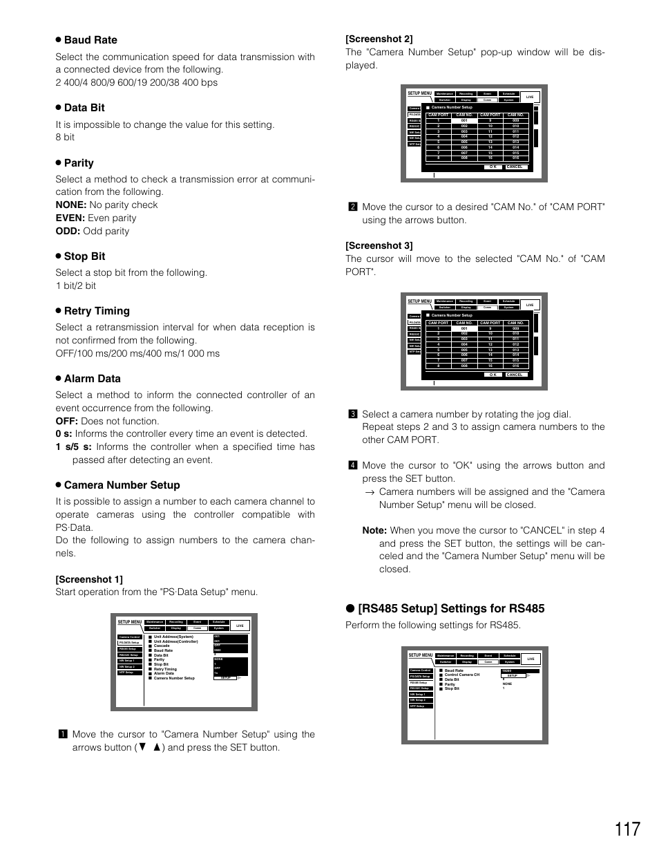 8 baud rate, 8 data bit, 8 parity | 8 stop bit, 8 retry timing, 8 alarm data, 8 camera number setup, Select a stop bit from the following. 1 bit/2 bit, Perform the following settings for rs485 | Panasonic WJ-HD309 User Manual | Page 117 / 164