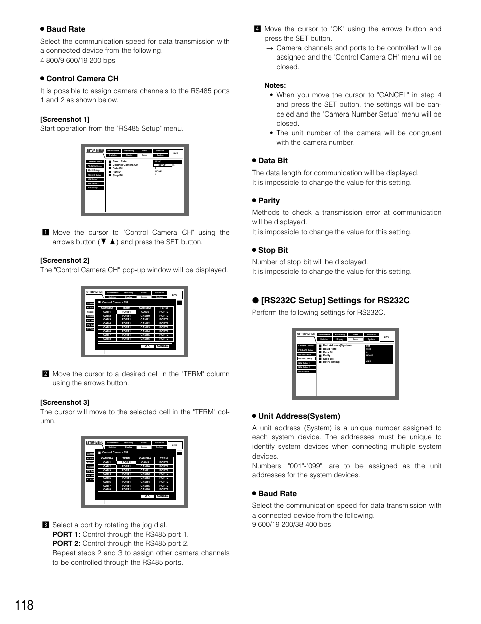 8 baud rate, 8 control camera ch, 8 data bit | 8 parity, 8 stop bit, 8 unit address(system), Perform the following settings for rs232c | Panasonic WJ-HD309 User Manual | Page 118 / 164