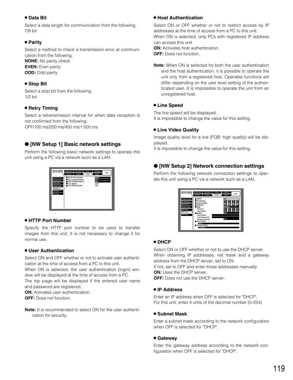 Nw setup 1] basic network settings, Nw setup 2] network connection settings, 8 data bit | 8 parity, 8 stop bit, 8 retry timing, 8 user authentication, 8 host authentication, 8 line speed, 8 live video quality | Panasonic WJ-HD309 User Manual | Page 119 / 164