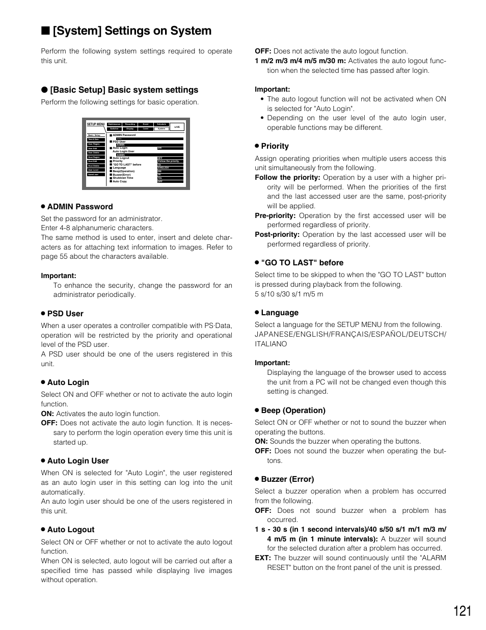 System] settings on system, Basic setup] basic system settings, 8 admin password | 8 psd user, 8 auto login, 8 auto login user, 8 auto logout, 8 priority, 8 "go to last" before, 8 language | Panasonic WJ-HD309 User Manual | Page 121 / 164