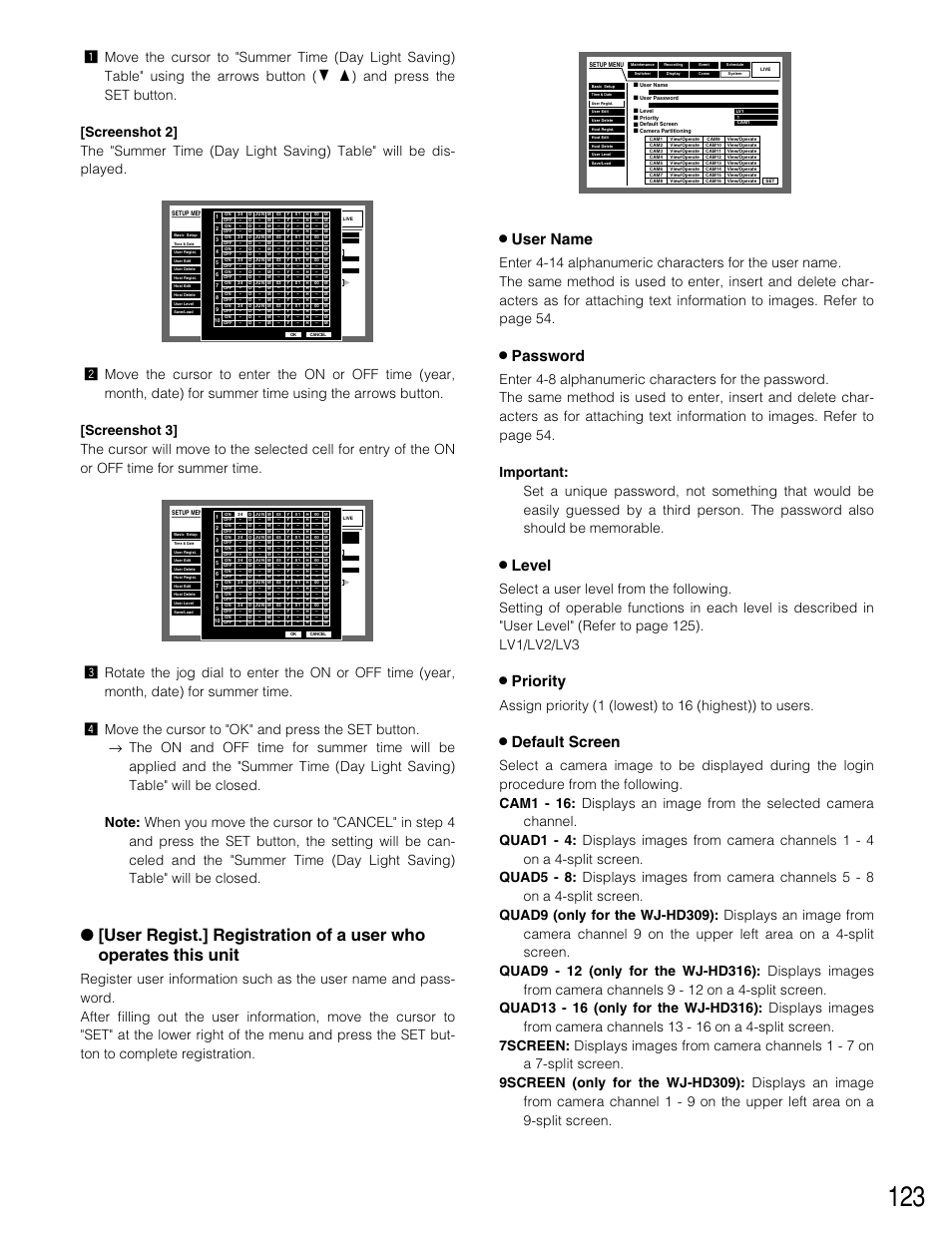 8 user name, 8 password, 8 level | 8 priority, 8 default screen | Panasonic WJ-HD309 User Manual | Page 123 / 164