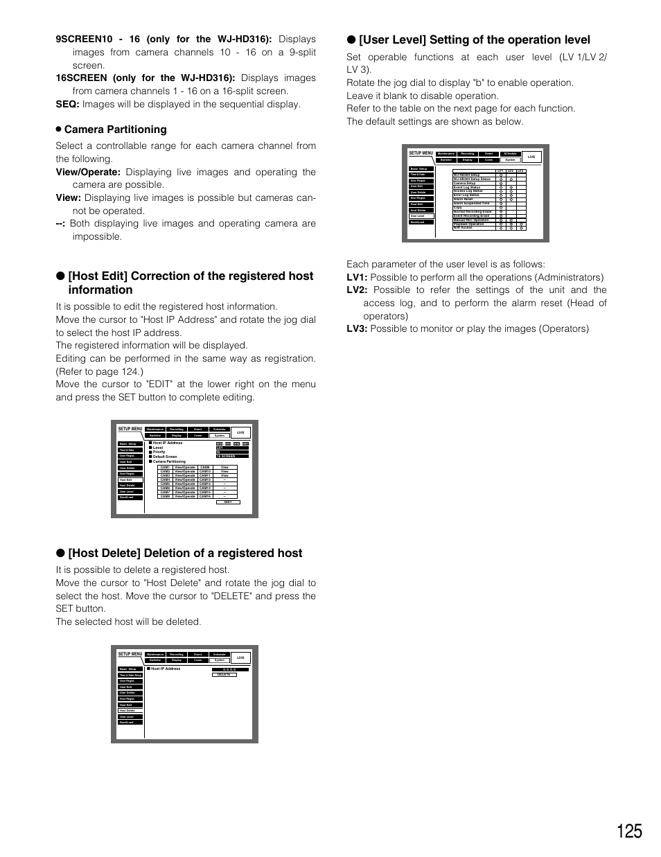 Host delete] deletion of a registered host, User level] setting of the operation level, 8 camera partitioning | Panasonic WJ-HD309 User Manual | Page 125 / 164