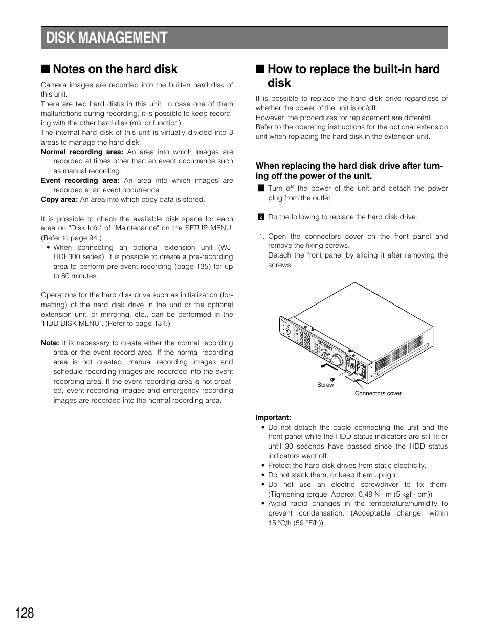 Disk management, Notes on the hard disk, How to replace the built-in hard disk | Panasonic WJ-HD309 User Manual | Page 128 / 164