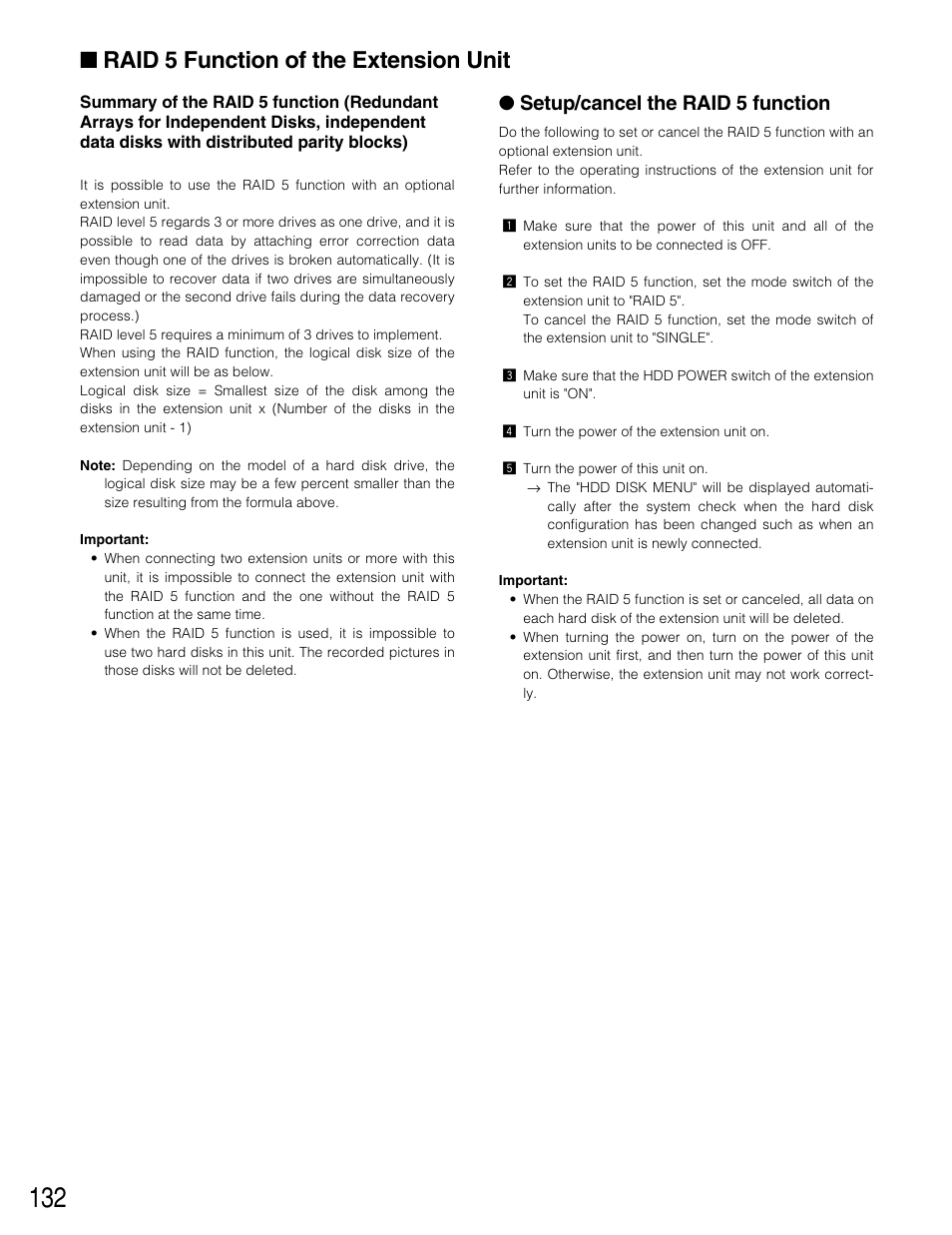 Raid 5 function of the extension unit, Setup/cancel the raid 5 function | Panasonic WJ-HD309 User Manual | Page 132 / 164