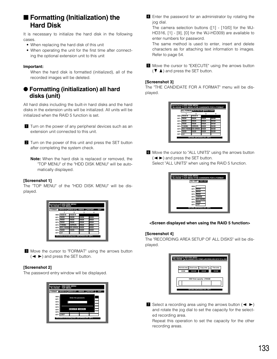 Formatting (initialization) the hard disk, Formatting (initialization) all hard disks (unit) | Panasonic WJ-HD309 User Manual | Page 133 / 164