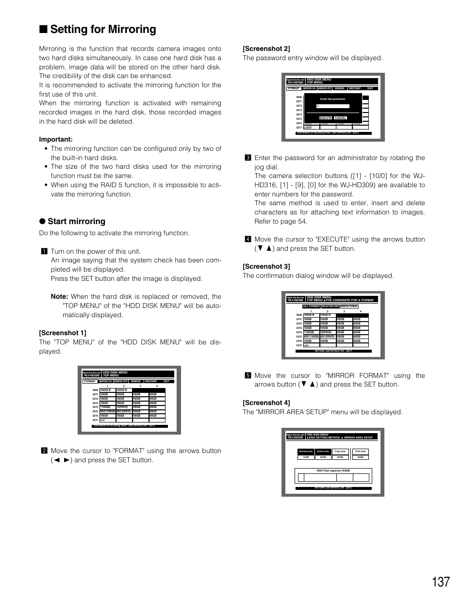 Setting for mirroring, Start mirroring | Panasonic WJ-HD309 User Manual | Page 137 / 164