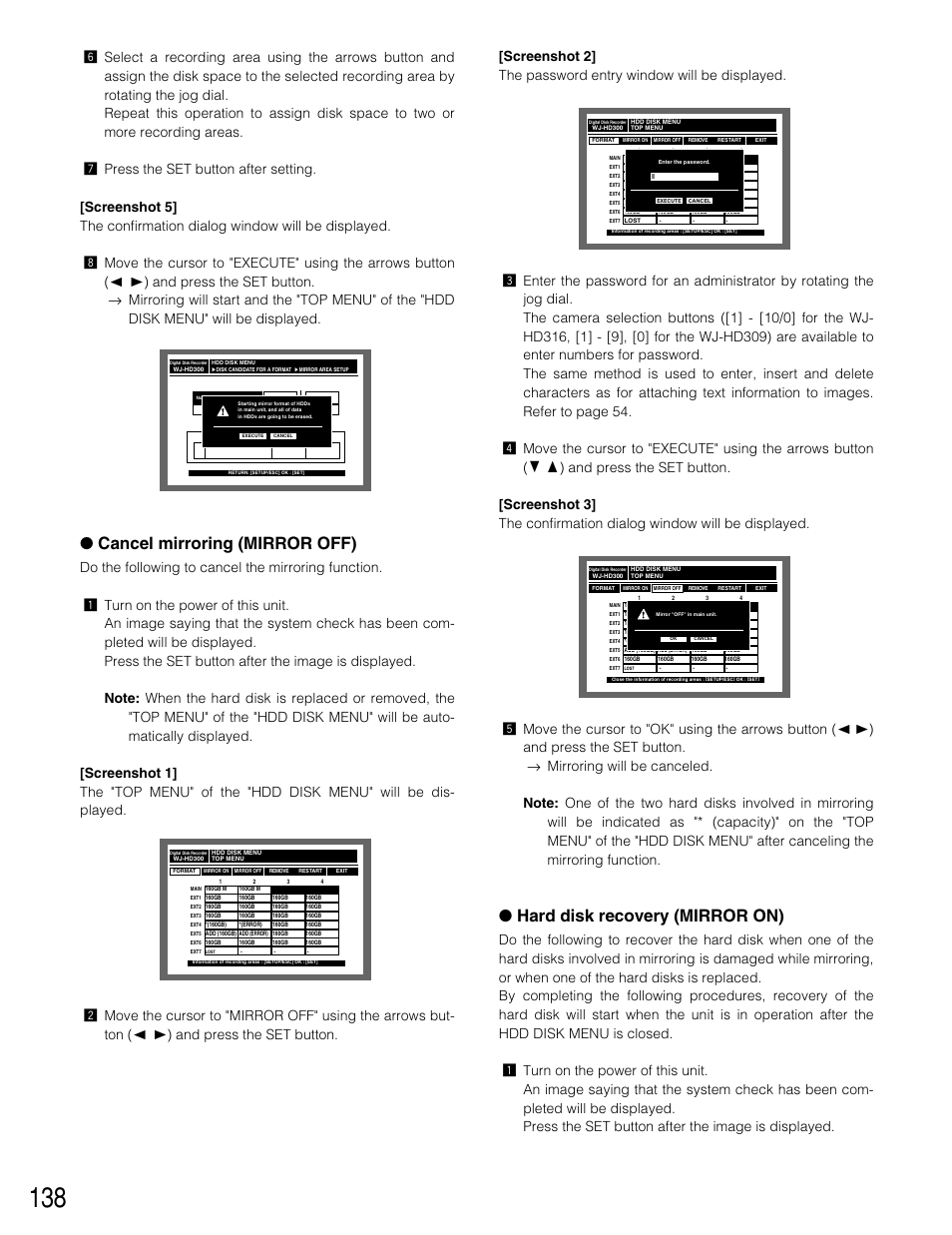 Cancel mirroring (mirror off), Hard disk recovery (mirror on) | Panasonic WJ-HD309 User Manual | Page 138 / 164