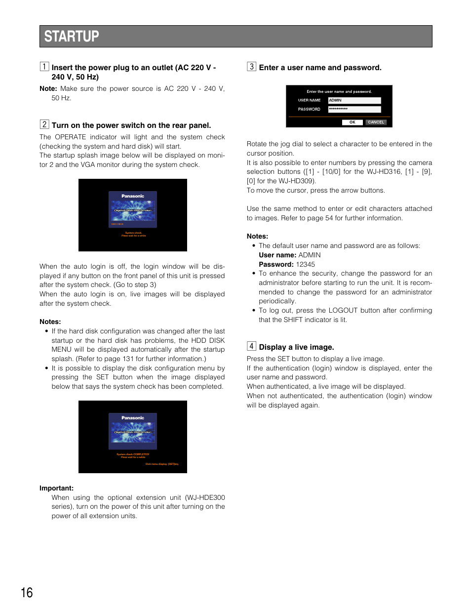 Startup | Panasonic WJ-HD309 User Manual | Page 16 / 164