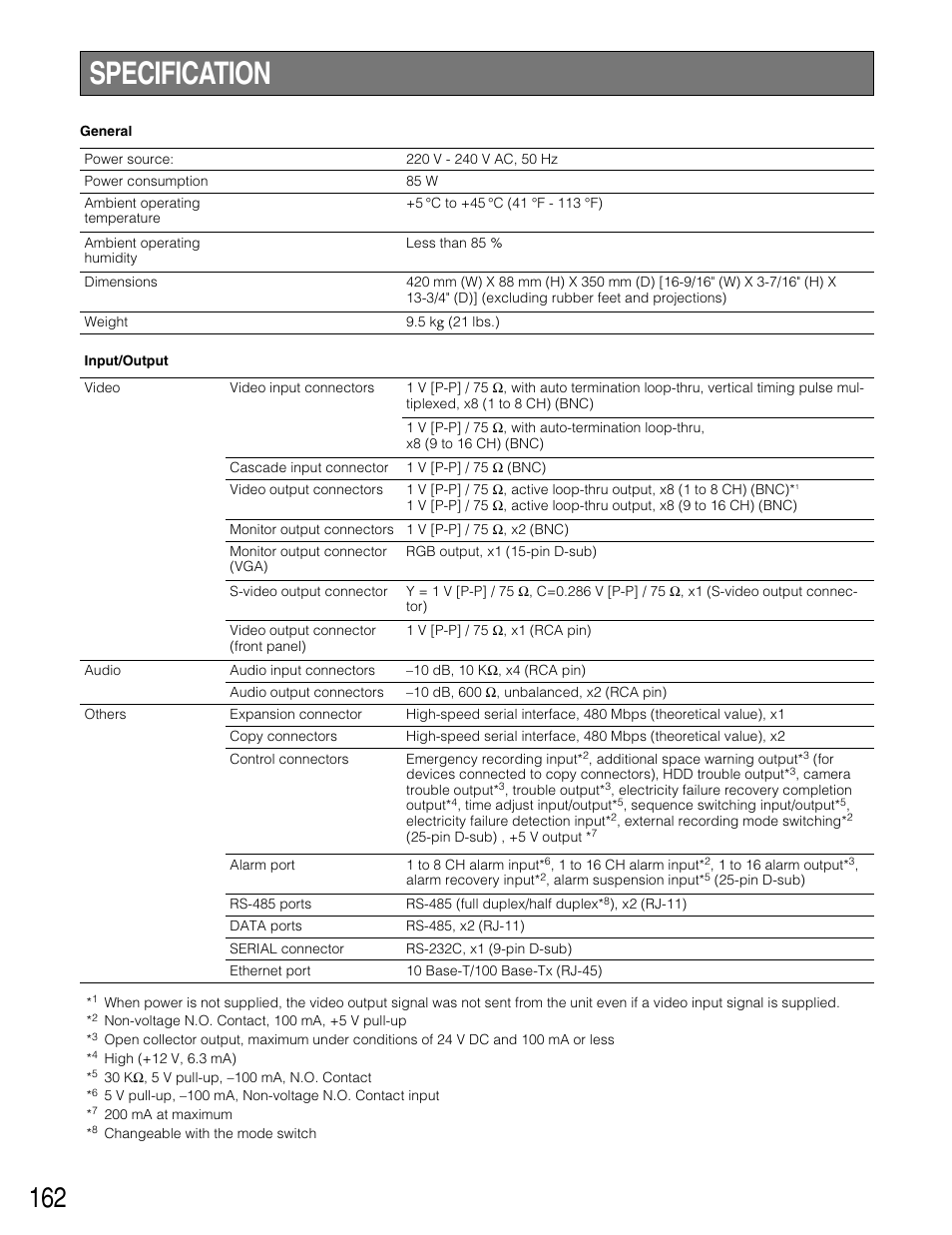 Specification | Panasonic WJ-HD309 User Manual | Page 162 / 164