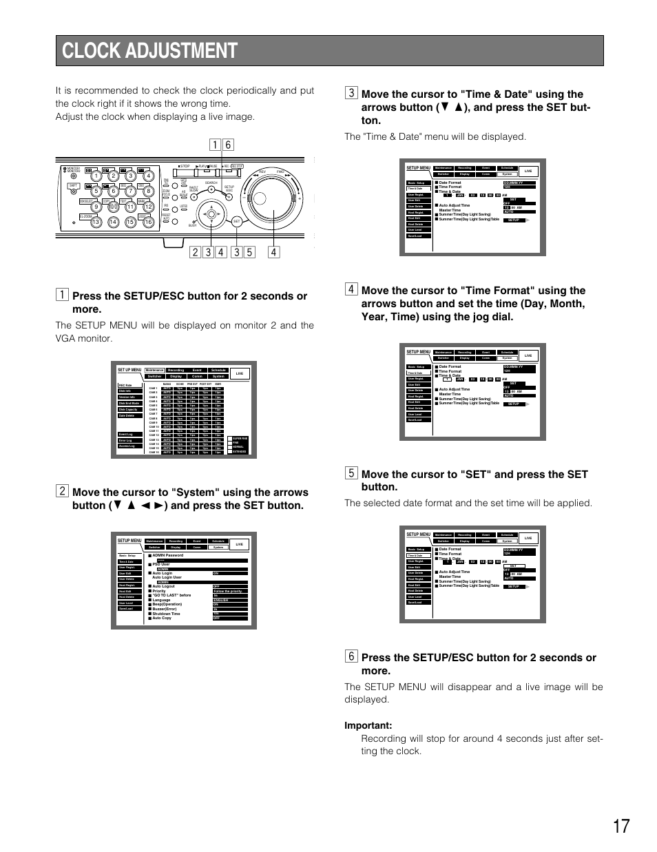 Clock adjustment, Zn cb v xcv, Press the setup/esc button for 2 seconds or more | Move the cursor to "set" and press the set button, The "time & date" menu will be displayed | Panasonic WJ-HD309 User Manual | Page 17 / 164