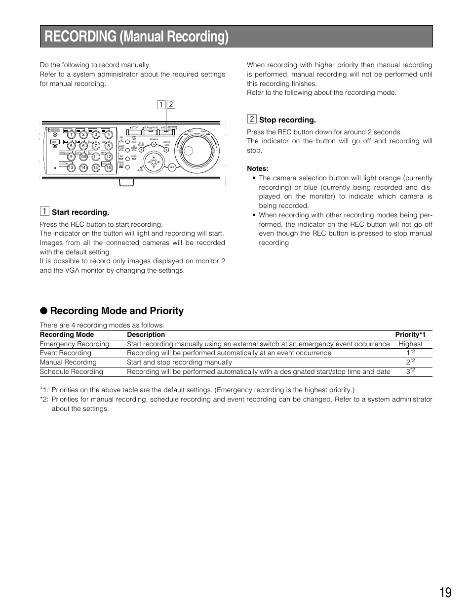 Recording (manual recording), Recording mode and priority, Stop recording | Start recording | Panasonic WJ-HD309 User Manual | Page 19 / 164