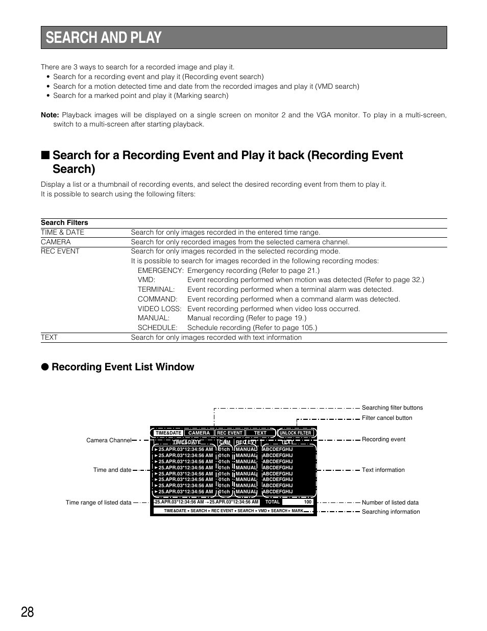 Search and play, Recording event list window | Panasonic WJ-HD309 User Manual | Page 28 / 164