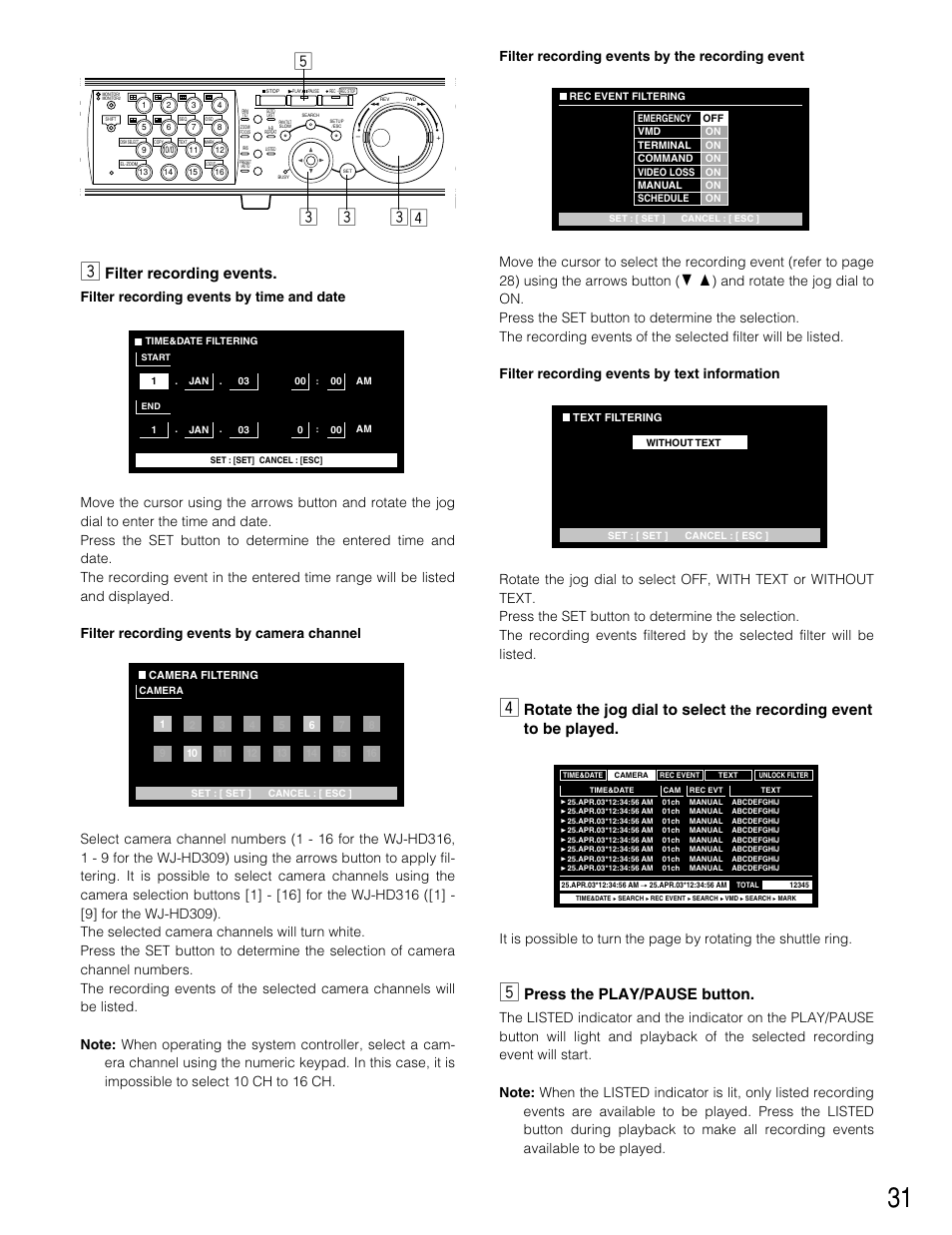 Bcv c c, Filter recording events, Rotate the jog dial to select | Recording event to be played, Press the play/pause button | Panasonic WJ-HD309 User Manual | Page 31 / 164