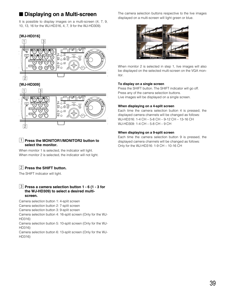 Displaying on a multi-screen, Press the shift button, Wj-hd316 | Wj-hd309, The shift indicator will light | Panasonic WJ-HD309 User Manual | Page 39 / 164