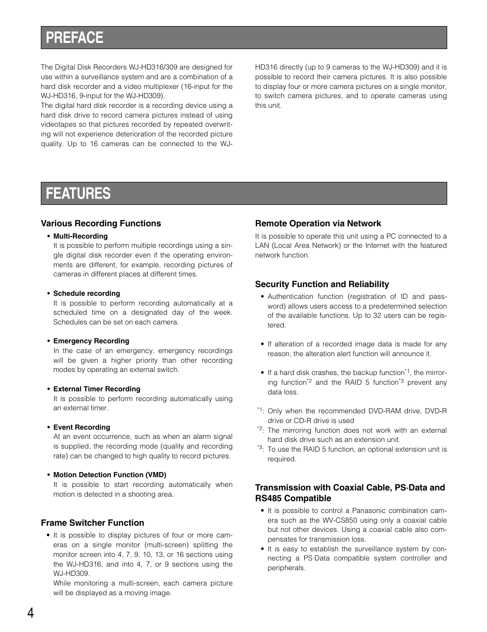 Preface, Features | Panasonic WJ-HD309 User Manual | Page 4 / 164