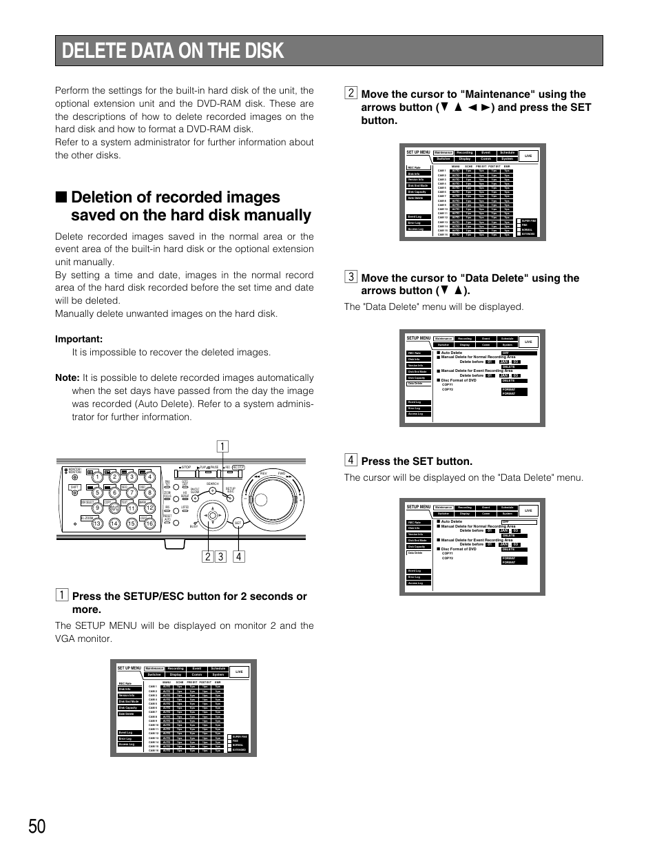 Delete data on the disk, Zv xc, Press the setup/esc button for 2 seconds or more | Press the set button, The "data delete" menu will be displayed | Panasonic WJ-HD309 User Manual | Page 50 / 164