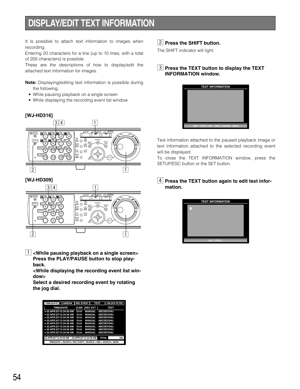 Display/edit text information, Press the shift button, Wj-hd316 | Wj-hd309, The shift indicator will light | Panasonic WJ-HD309 User Manual | Page 54 / 164