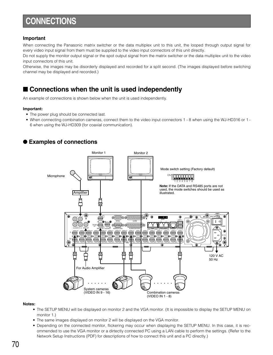 Connections, Connections when the unit is used independently, Examples of connections | Important, Amplifier | Panasonic WJ-HD309 User Manual | Page 70 / 164