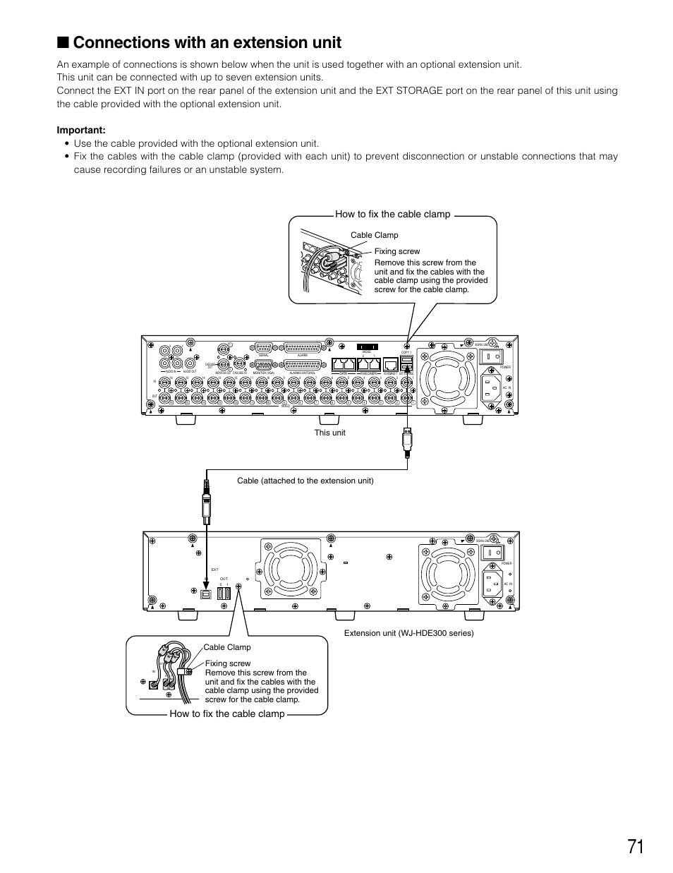 Connections with an extension unit, How to fix the cable clamp, Cable clamp fixing screw | Panasonic WJ-HD309 User Manual | Page 71 / 164