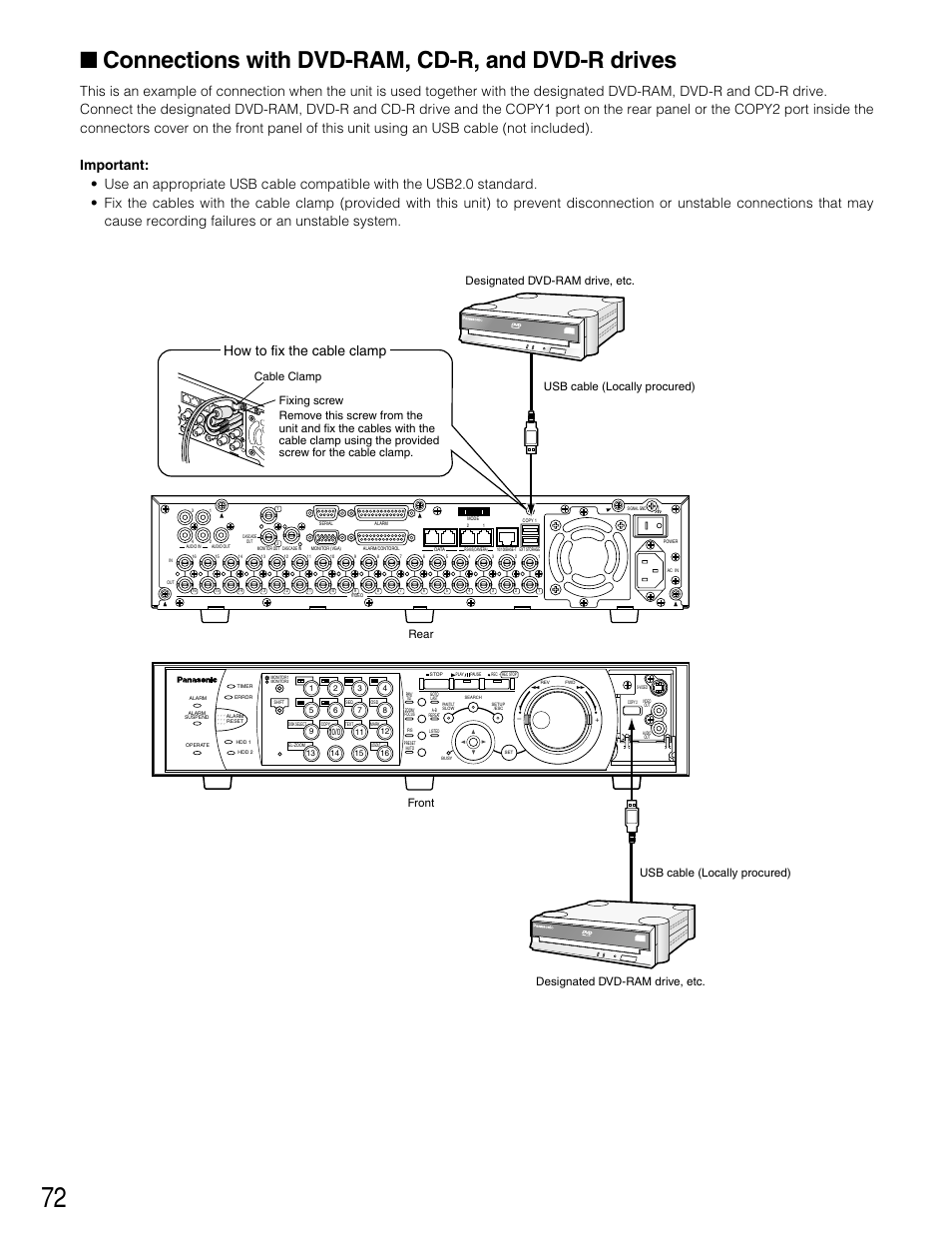 Connections with dvd-ram, cd-r, and dvd-r drives, R o m, How to fix the cable clamp | Cable clamp fixing screw | Panasonic WJ-HD309 User Manual | Page 72 / 164