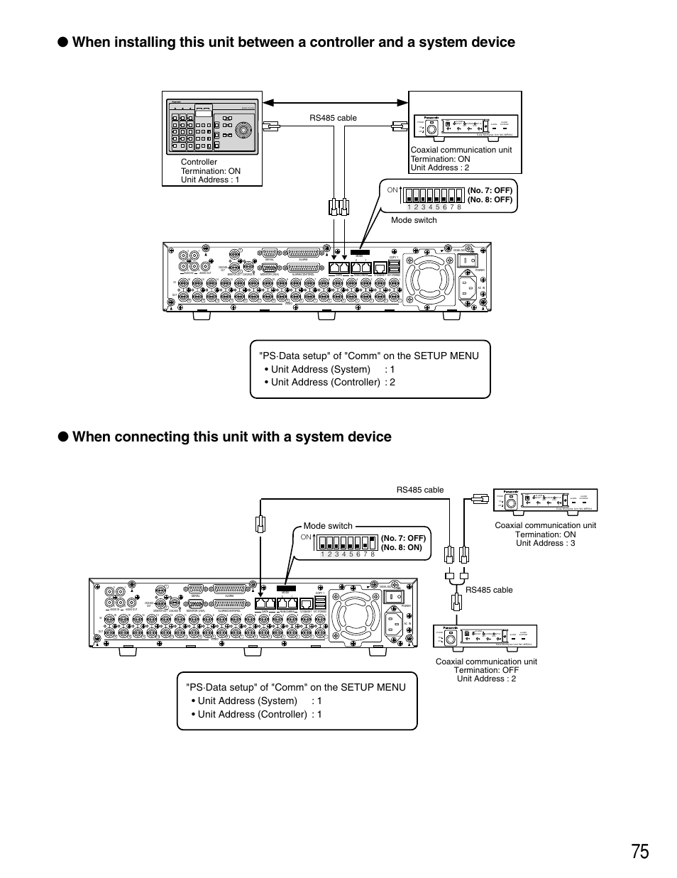 Mode switch, No. 7: off) (no. 8: off), No. 7: off) (no. 8: on) | Rs485 cable | Panasonic WJ-HD309 User Manual | Page 75 / 164