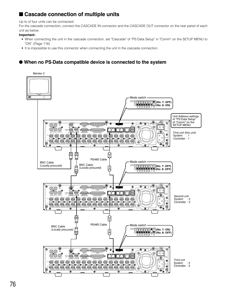 Cascade connection of multiple units, Mode switch, No. 7: off) (no. 8: on) | Panasonic WJ-HD309 User Manual | Page 76 / 164