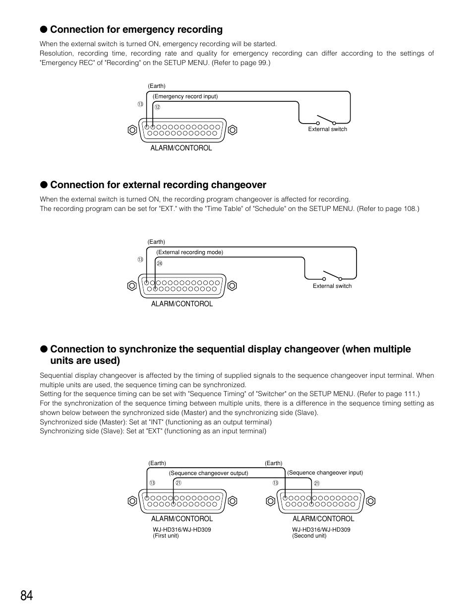 Connection for emergency recording, Connection for external recording changeover | Panasonic WJ-HD309 User Manual | Page 84 / 164