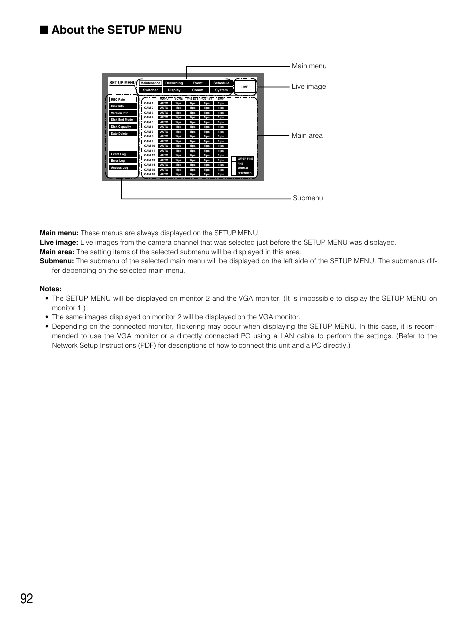 About the setup menu, Main menu submenu main area live image | Panasonic WJ-HD309 User Manual | Page 92 / 164