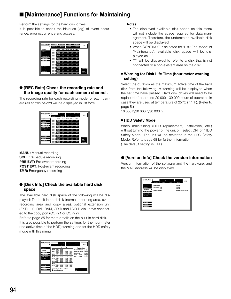 Maintenance] functions for maintaining, Disk info] check the available hard disk space, Version info] check the version information | 8 hdd safety mode | Panasonic WJ-HD309 User Manual | Page 94 / 164