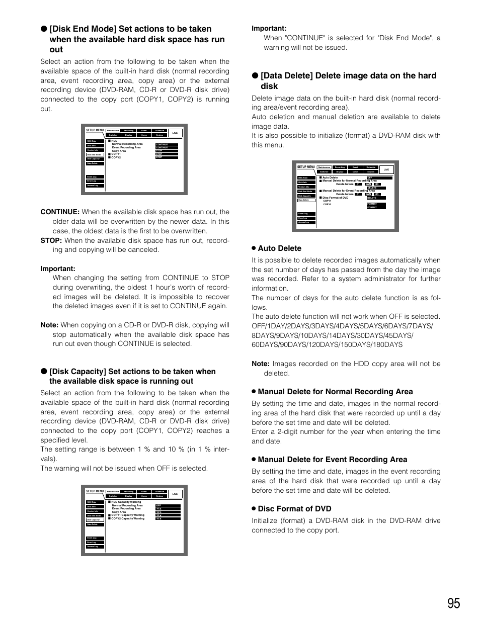 Data delete] delete image data on the hard disk, 8 auto delete, 8 manual delete for normal recording area | 8 manual delete for event recording area, 8 disc format of dvd | Panasonic WJ-HD309 User Manual | Page 95 / 164